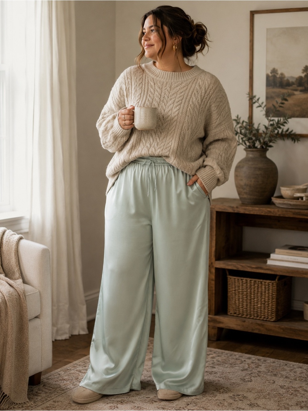 167.) NWT / IVRY DAY Pastel Green Satin Wide Leg Pants